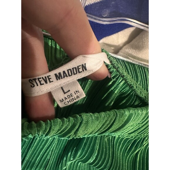 Steve Madden Addy Plisse Green Pleated Wide Leg Pants Elastic Waist L - Picture 4 of 8